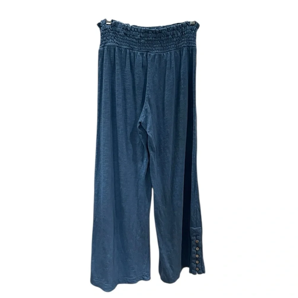 Free People Beach Wide Leg Stretch Pants High Smocked Elastic Waist SZ S Blue